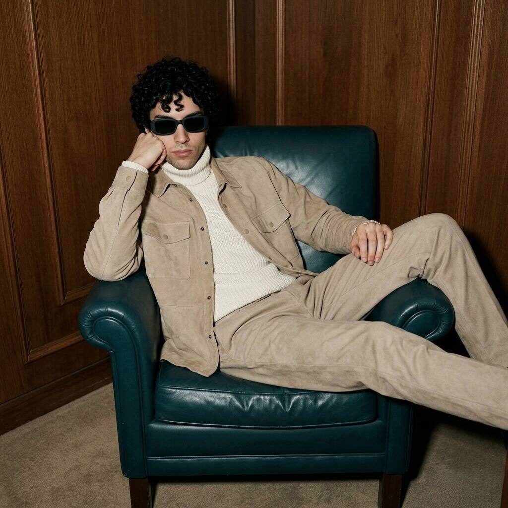 Arta Shoja in sunglasses, reclining in a teal leather armchair against wood panelling
